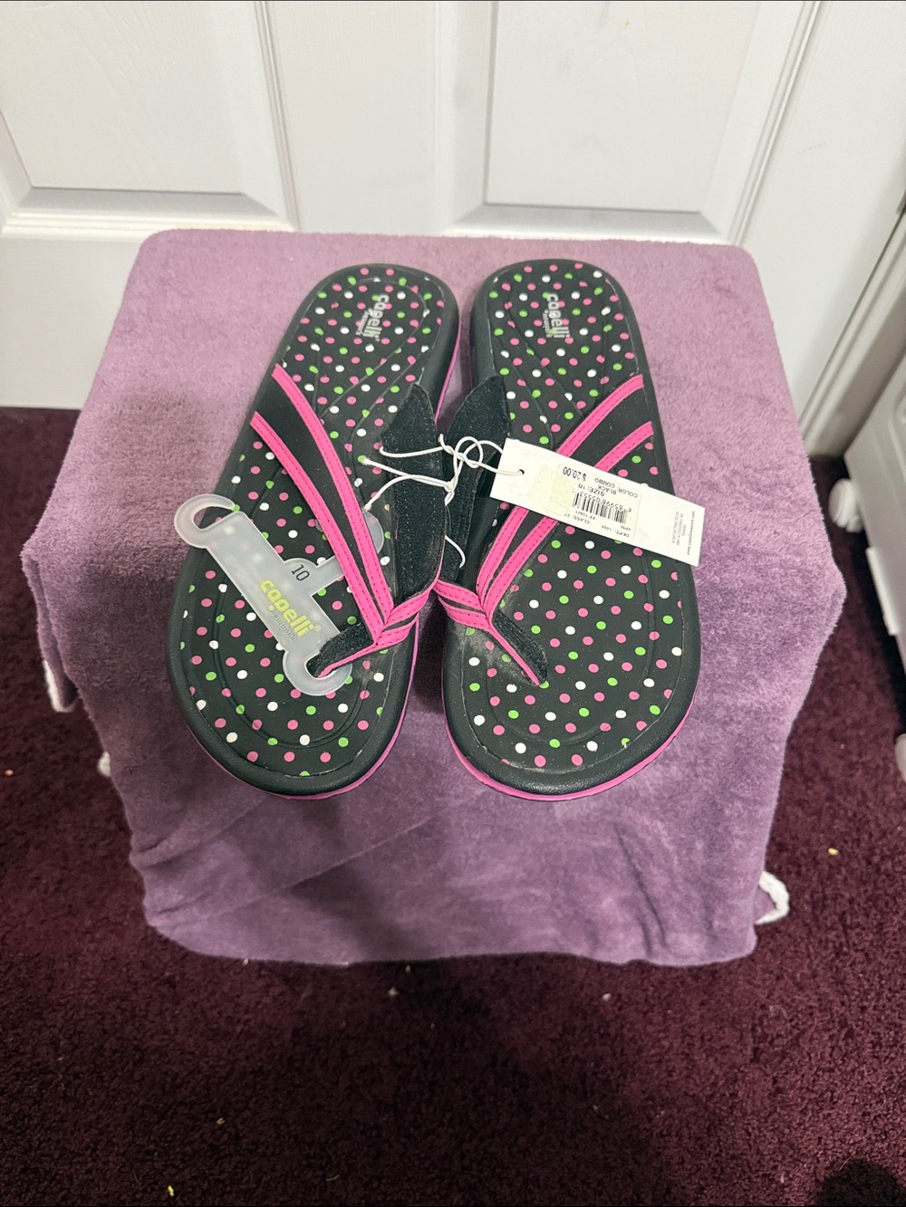 Women’s Capelli flip flop / sandals , black w/ pink straps and pink green white